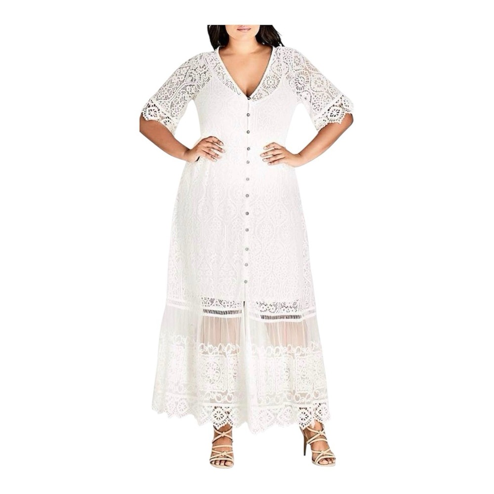City Chic NWT Summer Lace Maxi‎ Dress Women's XL/22 Ivory Bridal Elopement Boho